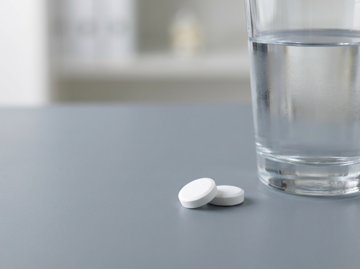 Close-up of two white pharmaceutical tablets on a sterile clinical surface with a glass of water, soft neutral studio…
