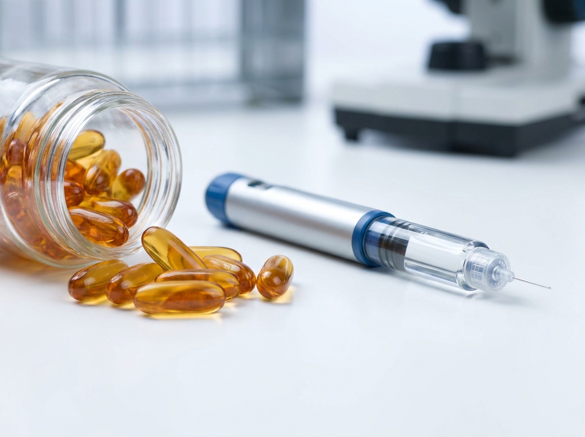 Amber supplement capsules and a clinical injectable pen side by side on a clean white lab surface, soft directional…