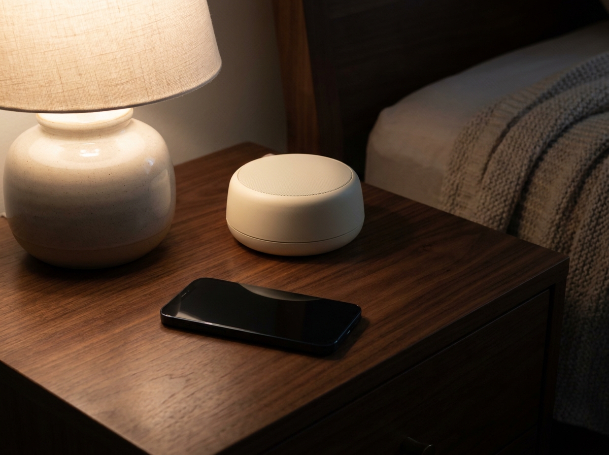 Smartphone resting on a dark wooden nightstand beside a white noise machine, soft warm bedside lamp lighting, no text or…
