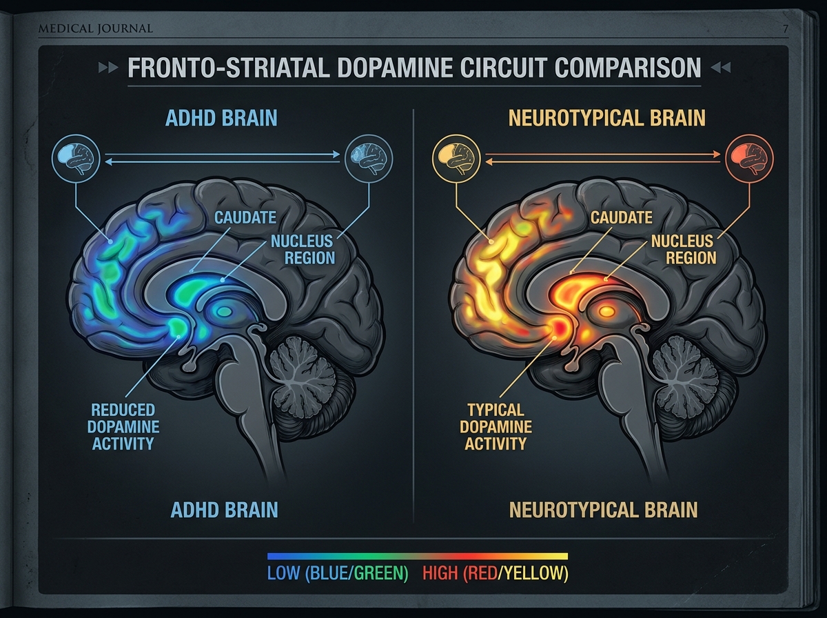 Anatomical diagram comparing fronto-striatal dopamine circuit activity in ADHD versus neurotypical brain, color-coded PET-style heatmap showing caudate and nucleus accumbens regions, dark medical illustration style