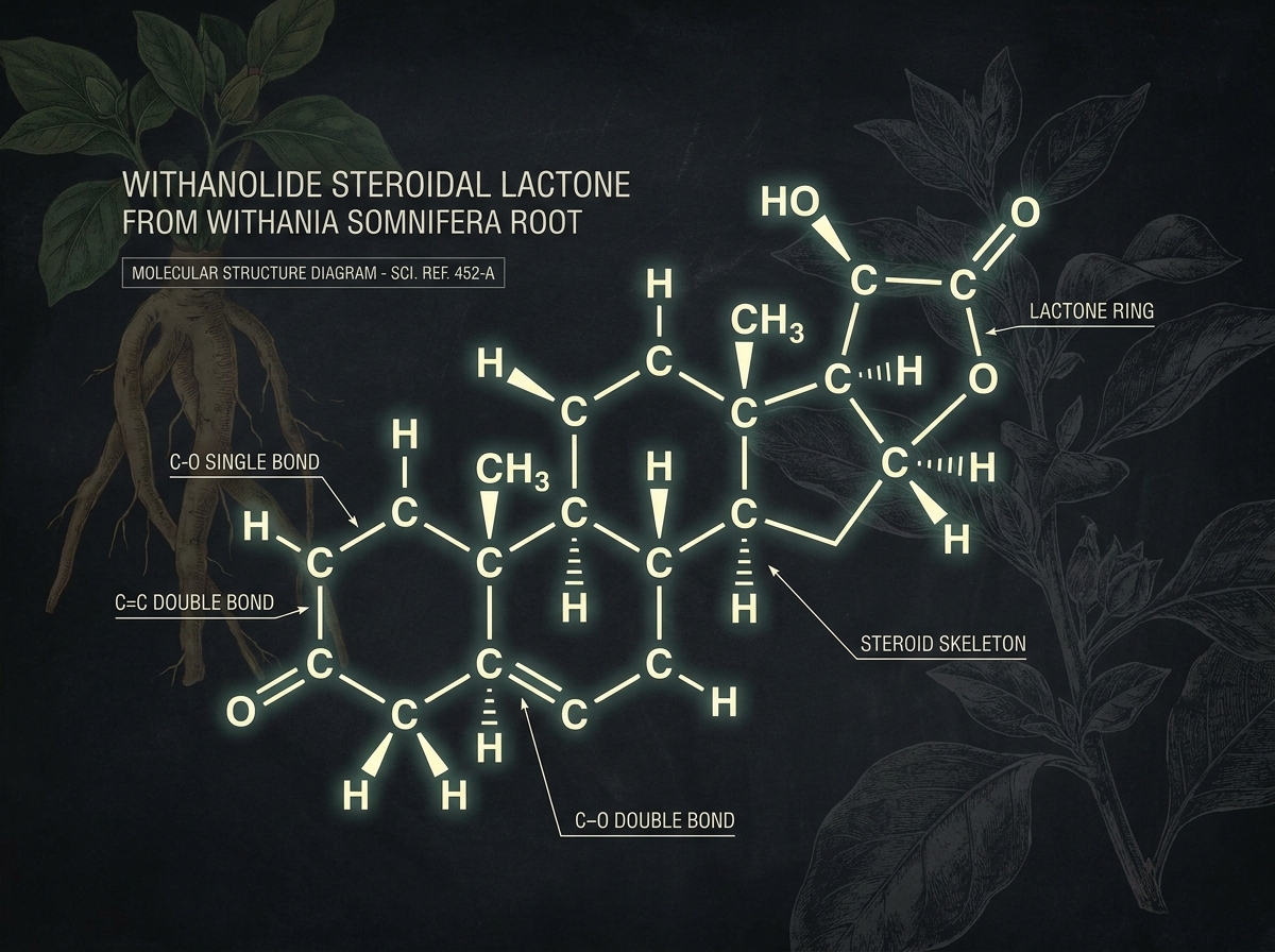 Molecular diagram of withanolide steroidal lactone structure from Withania somnifera root, labeled chemical bonds on dark scientific illustration background