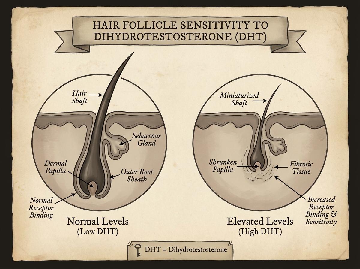 Side-by-side clinical illustration comparing hair follicle cross-sections at different DHT exposure levels, labeled anatomical diagram in dark medical illustration style
