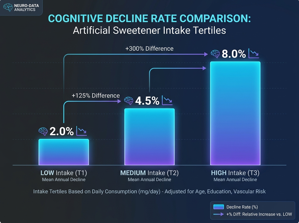 Data visualization chart showing three-bar comparison of cognitive decline rates across low, medium, and high artificial sweetener intake tertiles, with labeled percentage differences, clean medical infographic style on dark background