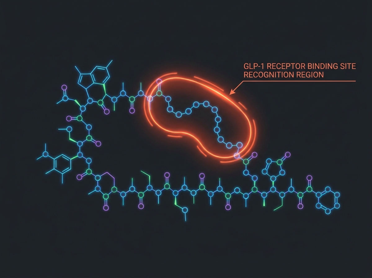 Molecular structure diagram of semaglutide peptide chain with GLP-1 receptor binding site highlighted, dark-background scientific illustration style