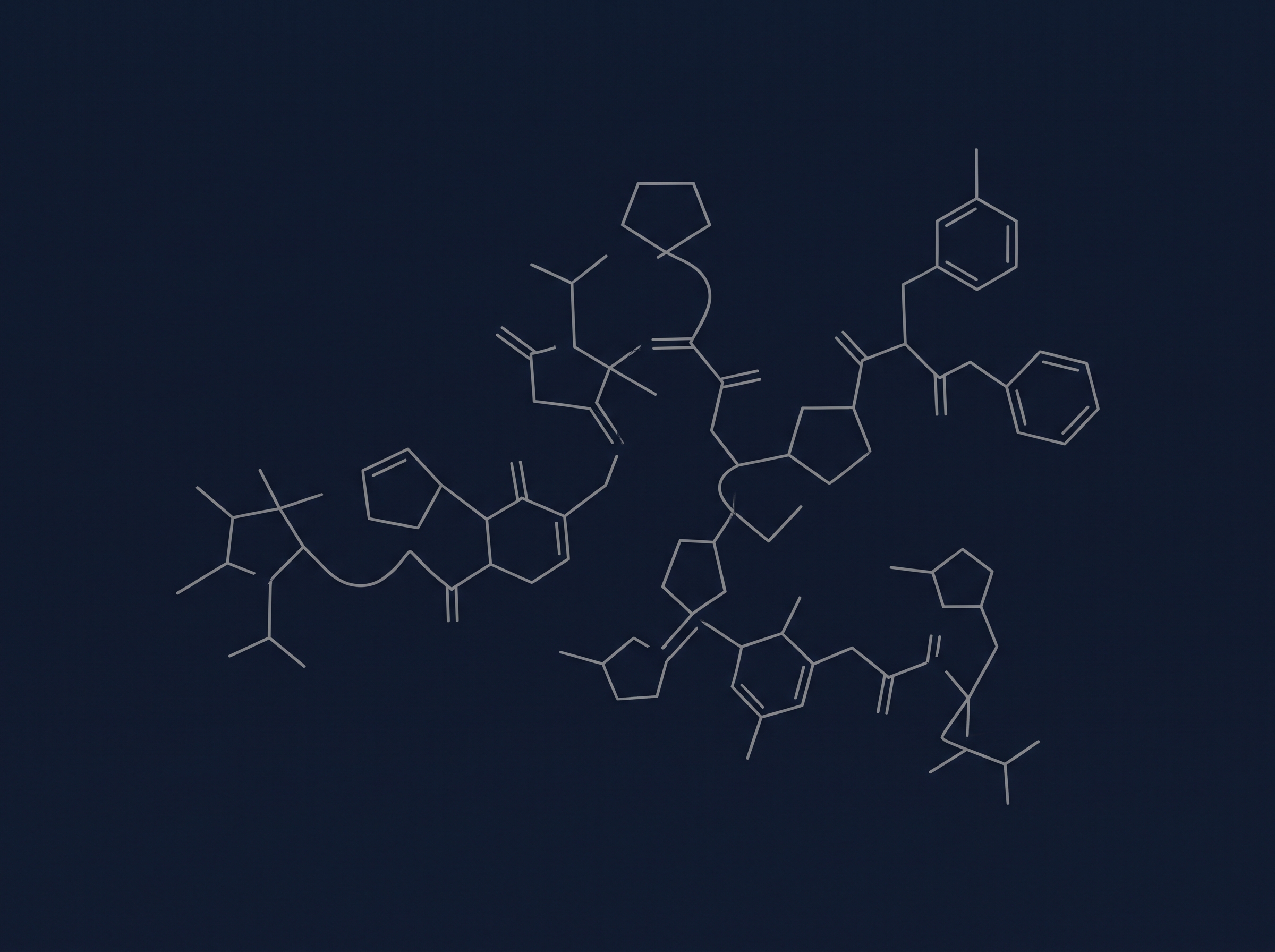 Abstract fine line-art illustration of a peptide molecular chain rendered in pale gray against a deep navy background, no…