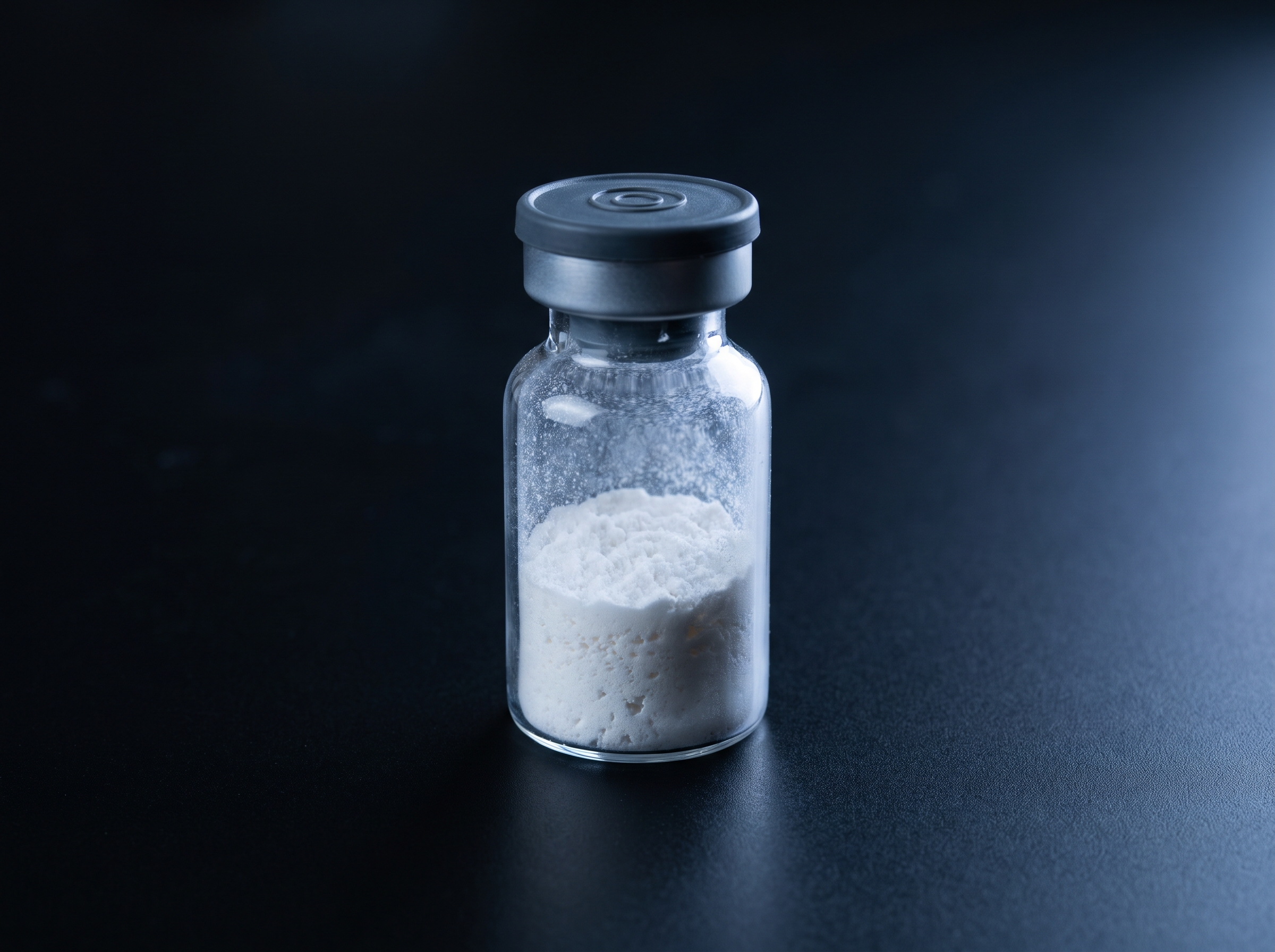 Glass research vial containing lyophilized white peptide powder with a sterile rubber stopper, resting on a matte black…