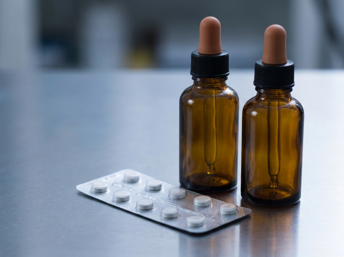 Close-up of two topical dropper bottles and one oral tablet blister pack arranged on a clean clinical surface, cool white…