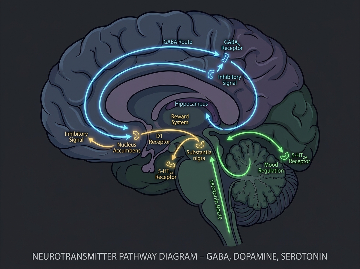 Neurotransmitter pathway diagram showing GABA, dopamine, and serotonin signaling routes in a cross-section brain illustration, dark medical infographic style with labeled receptor sites