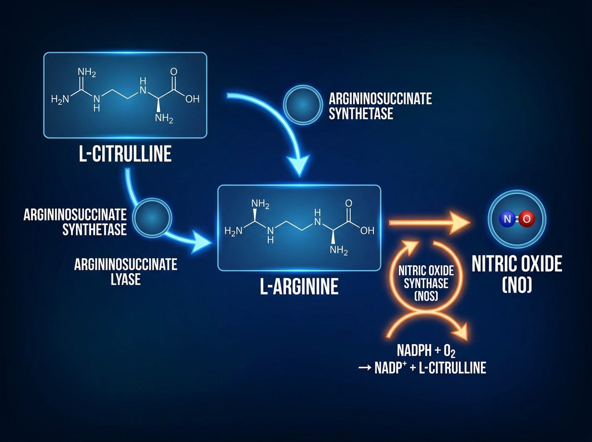 Molecular diagram of L-citrulline to L-arginine to nitric oxide conversion pathway, labeled biochemical flowchart on dark background with medical illustration style