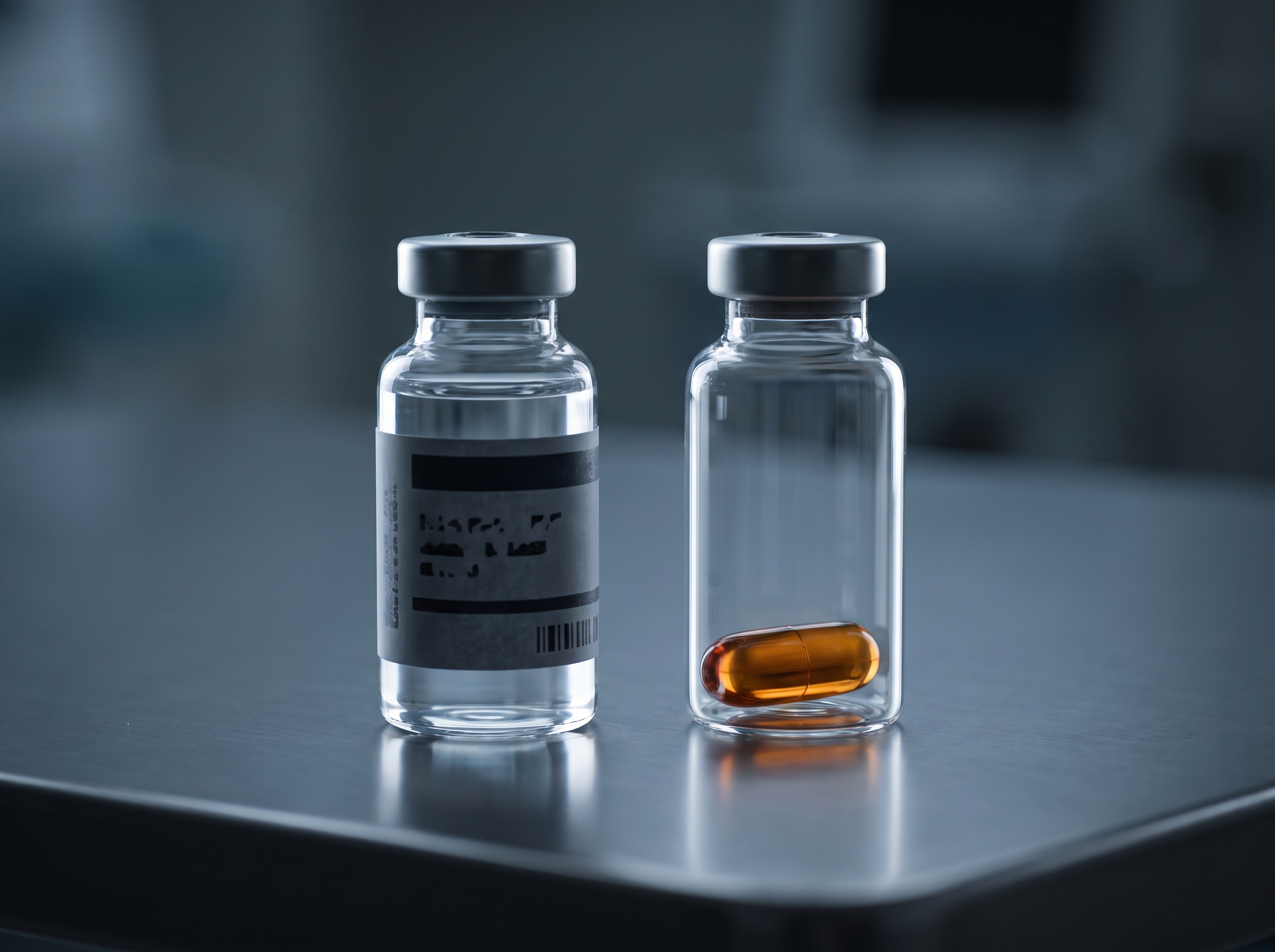 Close-up of two glass vials — one labeled testosterone cypionate and one unlabeled oral capsule — on a clean clinical…