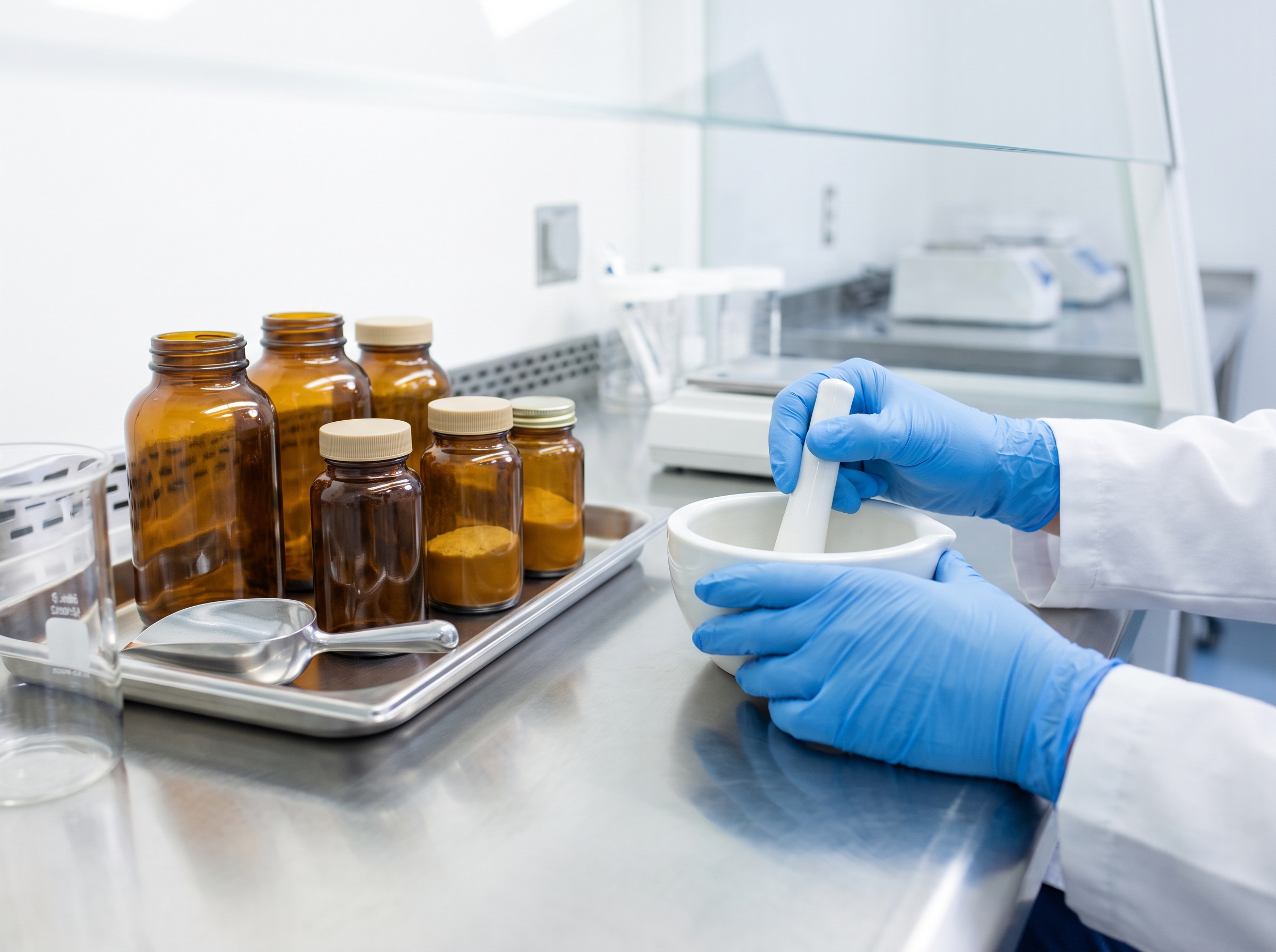 Sterile compounding pharmacy bench with amber prescription bottles, a mortar and pestle, and gloved hands, photographed…