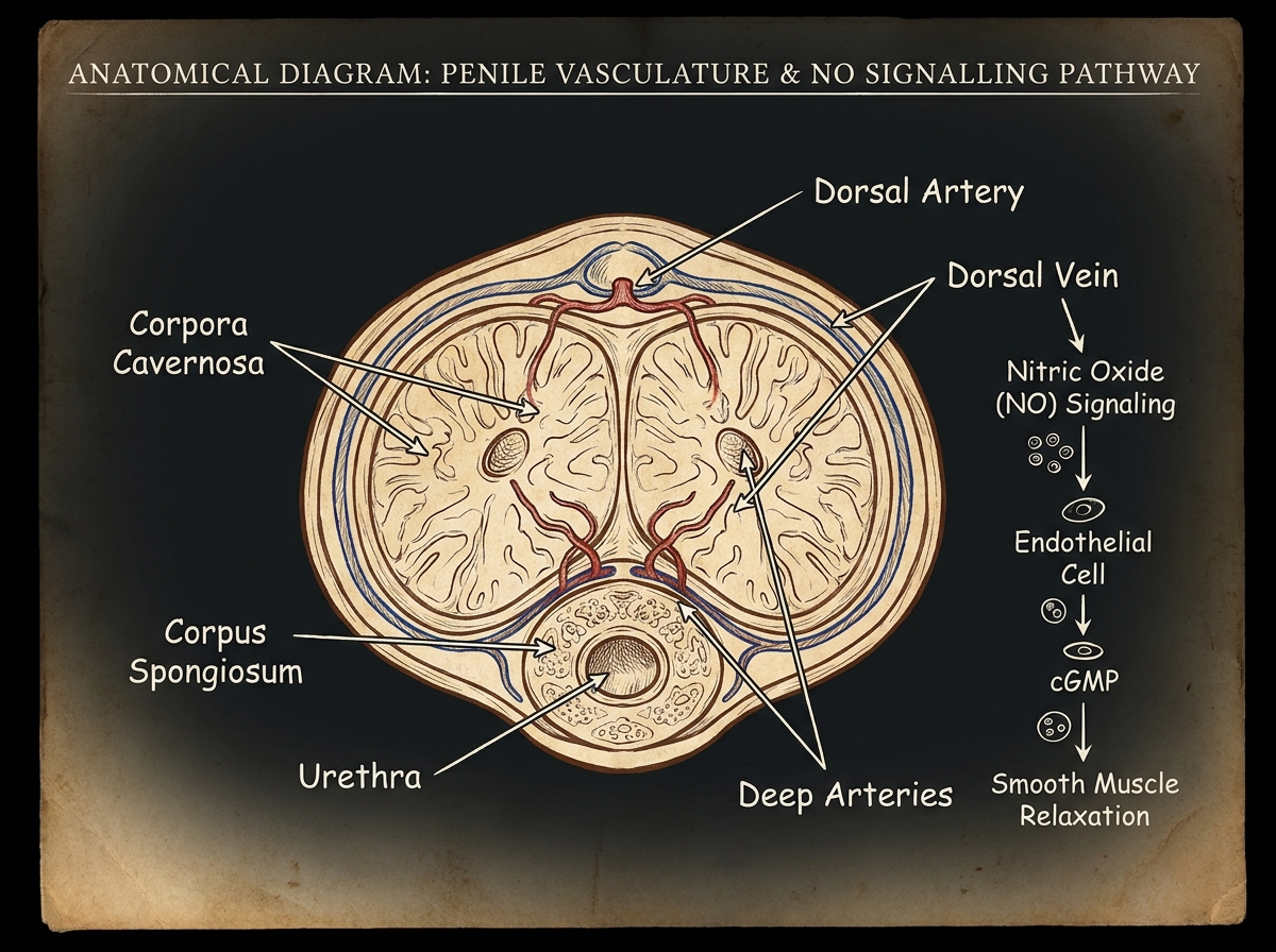 Anatomical cross-section diagram of penile vasculature showing nitric oxide signaling pathway and corpora cavernosa, dark medical illustration style with labeled structures