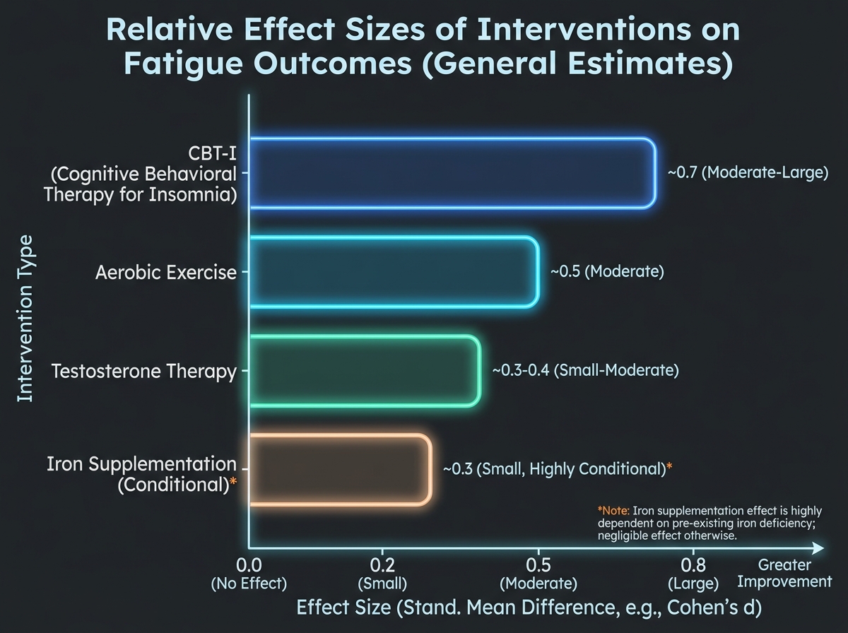 Bar chart comparing effect sizes of CBT-I, aerobic exercise, testosterone therapy, and iron supplementation on fatigue outcomes, clean infographic style on dark background with labeled axes